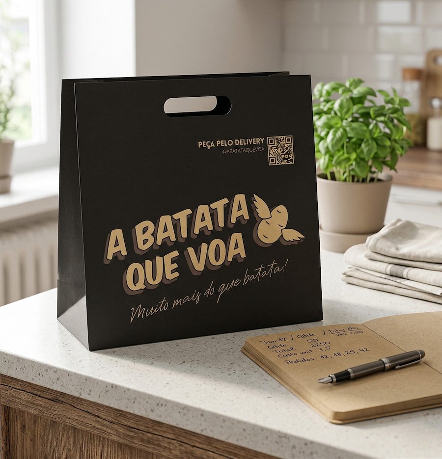 Embalagem de delivery e bloco de anotações financeiras sobre balcão de cozinha organizado