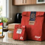 Embalagens de delivery prontas sobre bancada de cozinha residencial com smartphone ao lado mostrando app de delivery