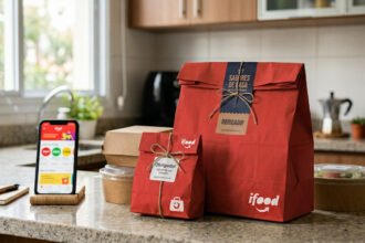 Embalagens de delivery prontas sobre bancada de cozinha residencial com smartphone ao lado mostrando app de delivery