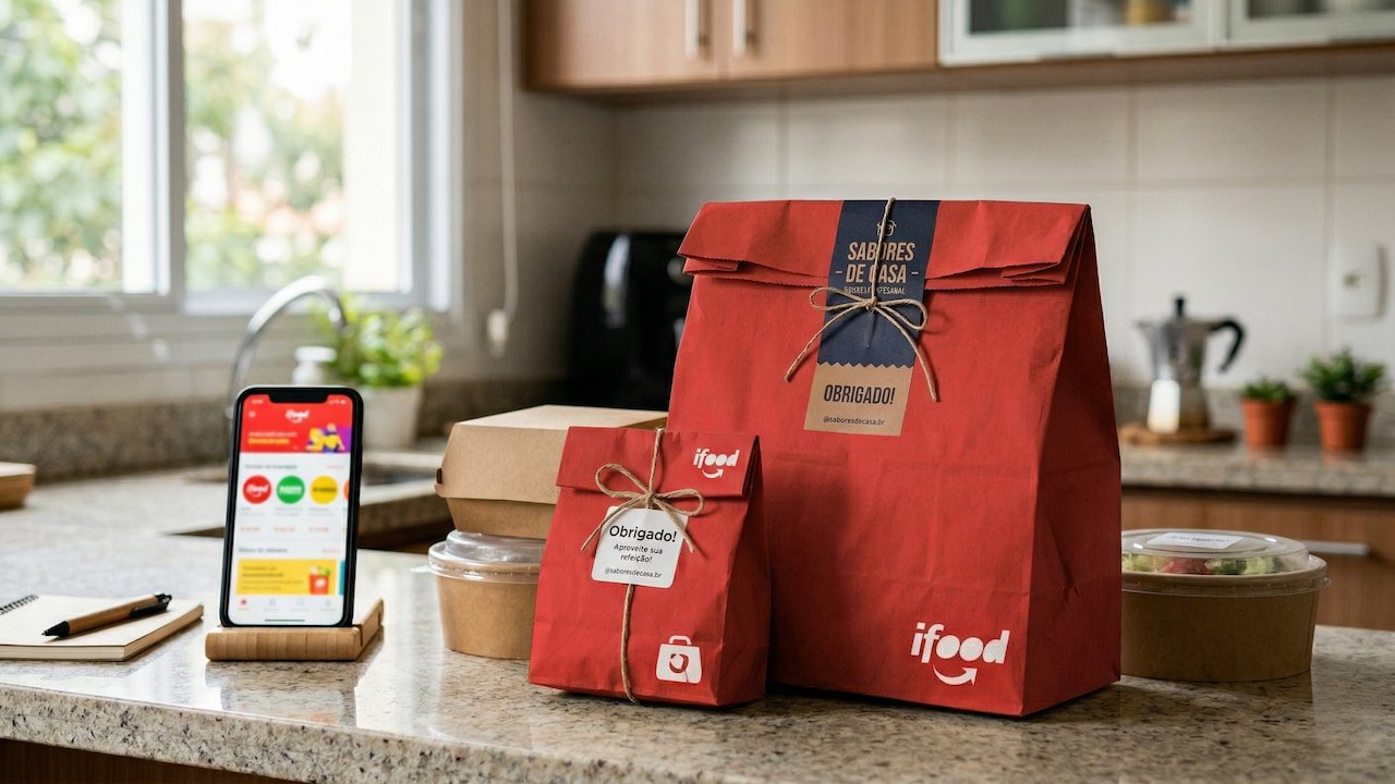 Embalagens de delivery prontas sobre bancada de cozinha residencial com smartphone ao lado mostrando app de delivery