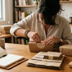 Mesa com embalagens de delivery organizadas, caderno e smartphone com app de pedidos, representando negócio de delivery em casa