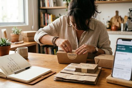 Mesa com embalagens de delivery organizadas, caderno e smartphone com app de pedidos, representando negócio de delivery em casa