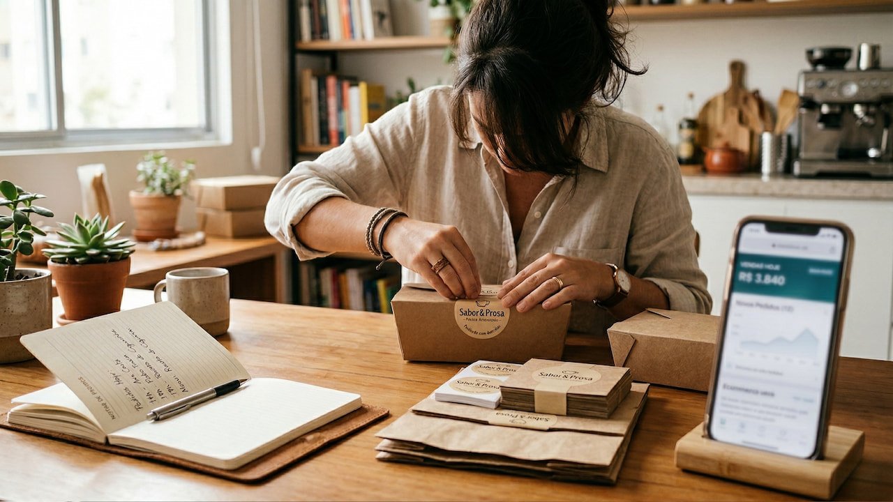 Mesa com embalagens de delivery organizadas, caderno e smartphone com app de pedidos, representando negócio de delivery em casa