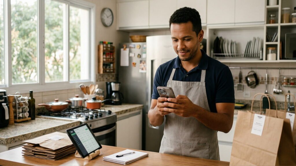 Empreendedor em dark kitchen doméstica usando celular para gerenciar pedidos, com embalagens e tablet organizados na bancada.
