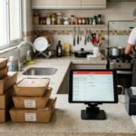 Bancada de dark kitchen com embalagens de delivery e tablet exibindo pedidos, enquanto cozinheira prepara refeições ao fundo.