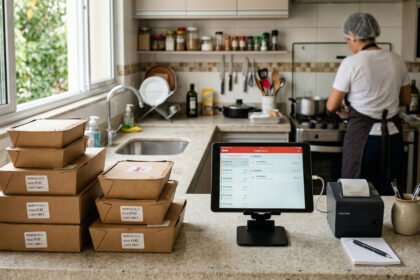 Bancada de dark kitchen com embalagens de delivery e tablet exibindo pedidos, enquanto cozinheira prepara refeições ao fundo.