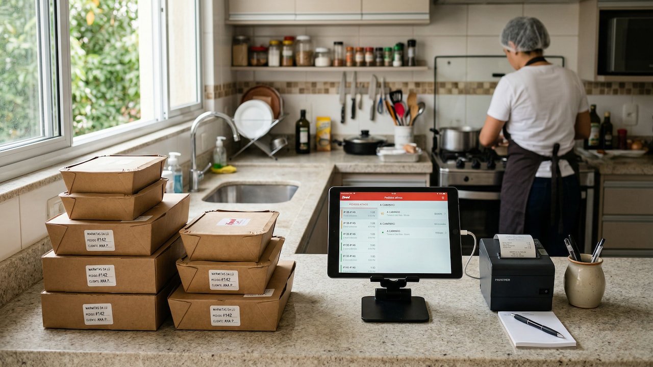 Bancada de dark kitchen com embalagens de delivery e tablet exibindo pedidos, enquanto cozinheira prepara refeições ao fundo.