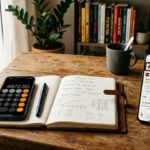 Calculadora e caderno de planejamento financeiro ao lado de celular com app de delivery aberto