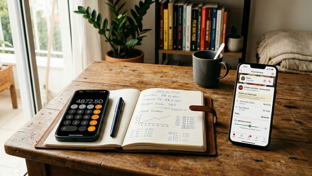 Calculadora e caderno de planejamento financeiro ao lado de celular com app de delivery aberto