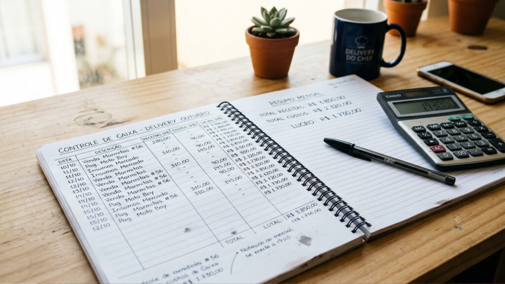 Caderno com planilha de custos de delivery, calculadora e caneta sobre mesa clara representando planejamento financeiro