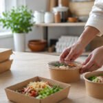 Pessoa embalando refeições em potes descartáveis em cozinha caseira, conceito de como abrir dark kitchen com pouco dinheiro.