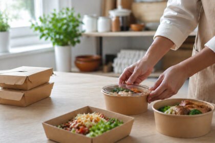 Pessoa embalando refeições em potes descartáveis em cozinha caseira, conceito de como abrir dark kitchen com pouco dinheiro.