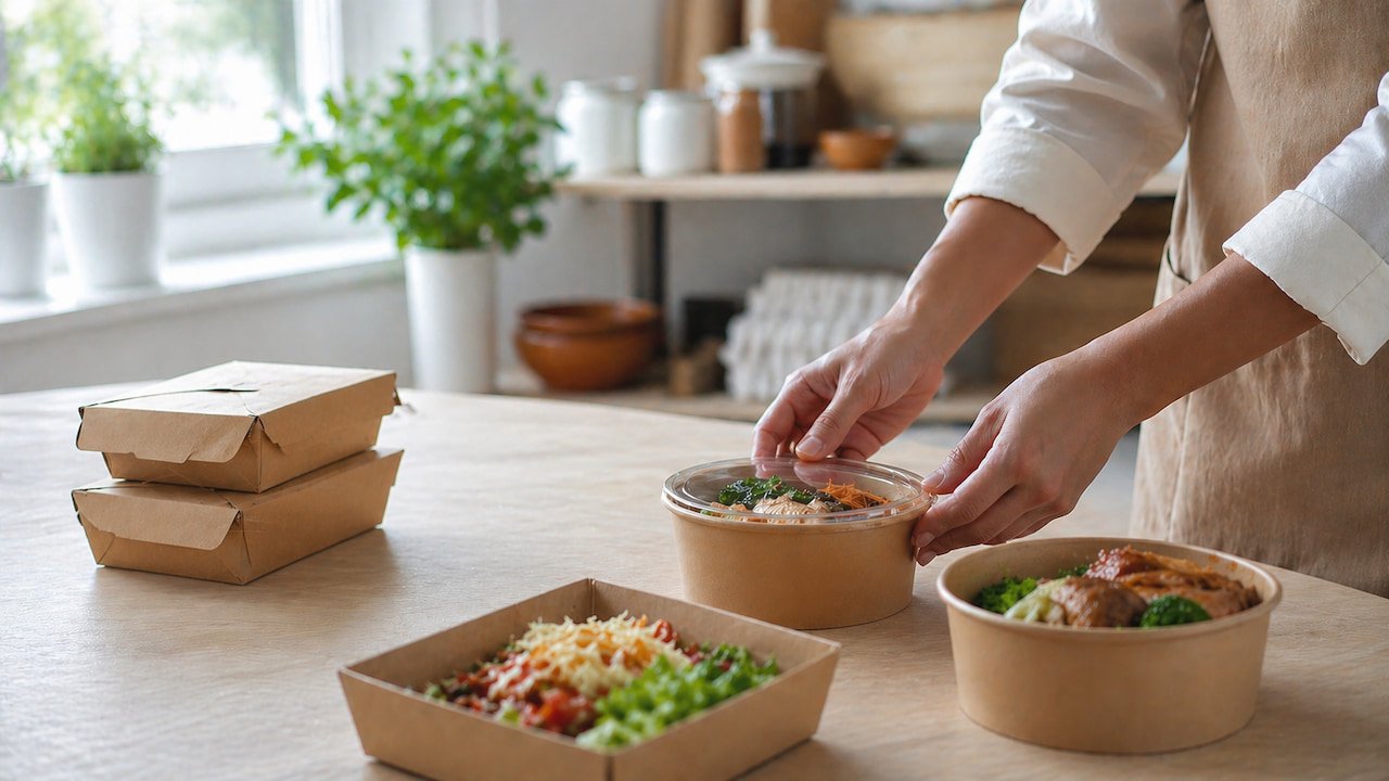 Pessoa embalando refeições em potes descartáveis em cozinha caseira, conceito de como abrir dark kitchen com pouco dinheiro.