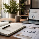 Mesa com notebook, gráficos, caderno e calculadora para analisar franquias para investir em 2026 com planejamento.