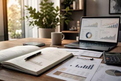 Mesa com notebook, gráficos, caderno e calculadora para analisar franquias para investir em 2026 com planejamento.
