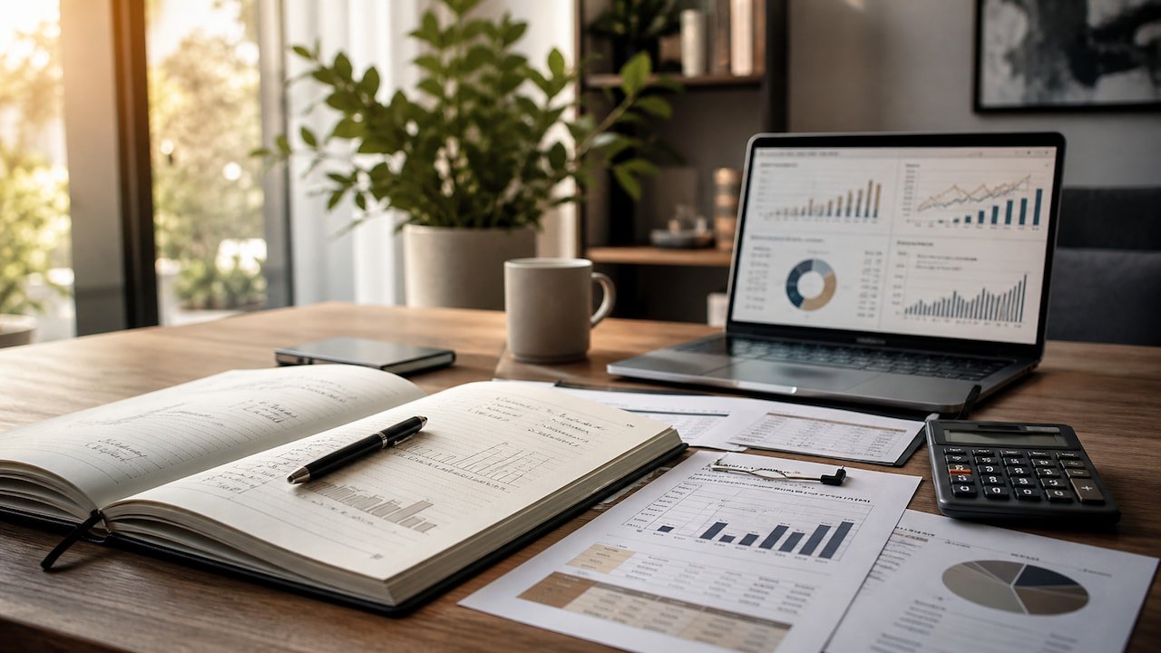Mesa com notebook, gráficos, caderno e calculadora para analisar franquias para investir em 2026 com planejamento.