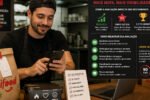 Restaurante analisando avaliação no iFood pelo celular com embalagens, notebook e checklist de qualidade no balcão.