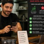 Restaurante analisando avaliação no iFood pelo celular com embalagens, notebook e checklist de qualidade no balcão.
