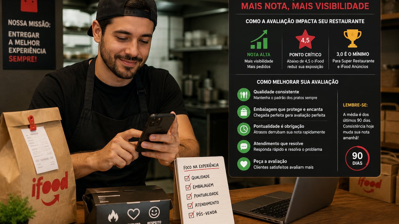 Restaurante analisando avaliação no iFood pelo celular com embalagens, notebook e checklist de qualidade no balcão.