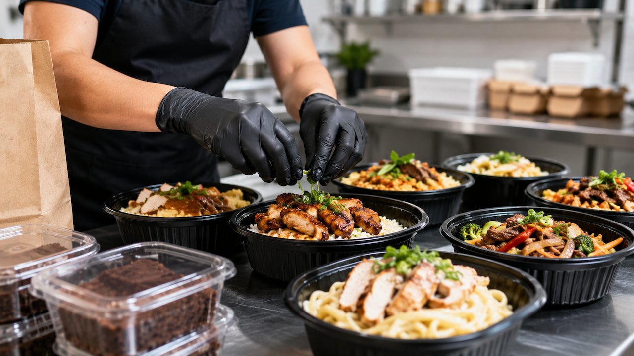 Cardápio para dark kitchen com bowls de frango, massas e embalagens de delivery em cozinha moderna iluminada