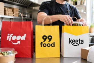 Restaurante prepara pedidos para delivery com sacolas do iFood, 99Food e Keeta sobre balcão de cozinha profissional