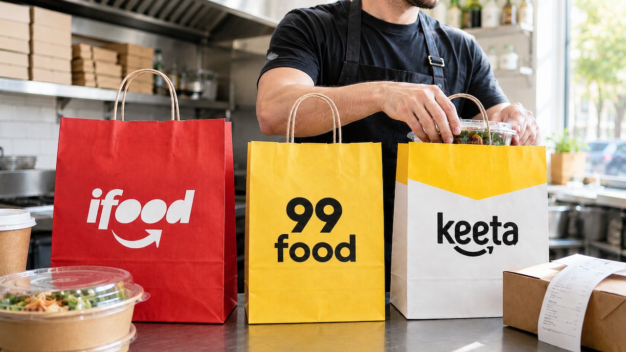Restaurante prepara pedidos para delivery com sacolas do iFood, 99Food e Keeta sobre balcão de cozinha profissional