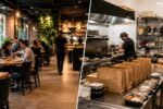 Dark kitchen com embalagens de delivery ao lado de restaurante físico com salão cheio e atendimento presencial.