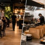 Dark kitchen com embalagens de delivery ao lado de restaurante físico com salão cheio e atendimento presencial.