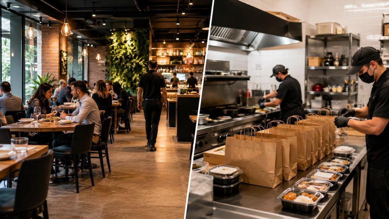 Dark kitchen com embalagens de delivery ao lado de restaurante físico com salão cheio e atendimento presencial.