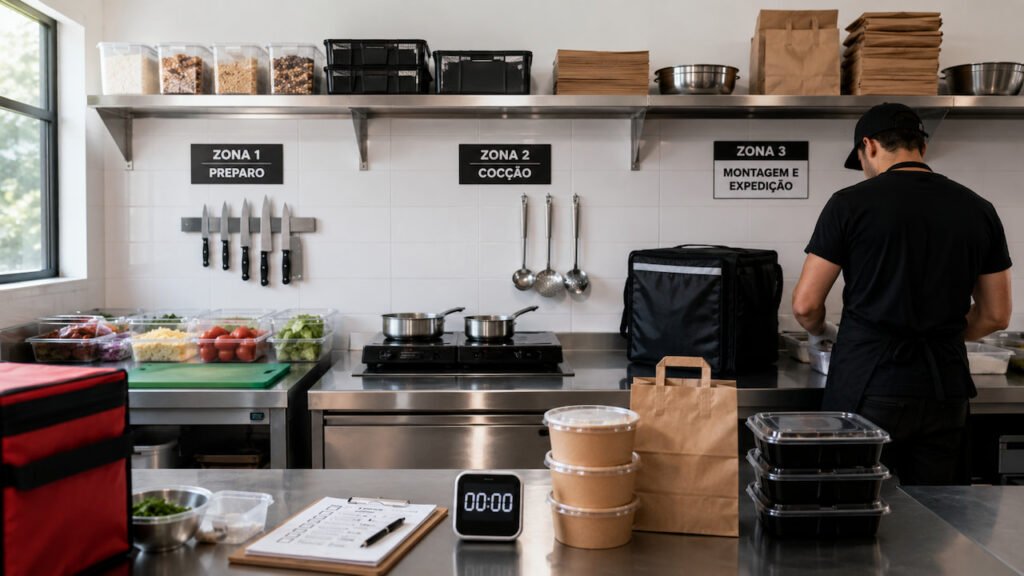 Cozinha de delivery organizada em zonas, com ingredientes, embalagens, timer e área de montagem pronta para operação