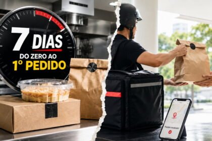Cena de delivery em 7 dias com cronômetro, embalagens, entregador, celular com mapa e pedido sendo entregue
