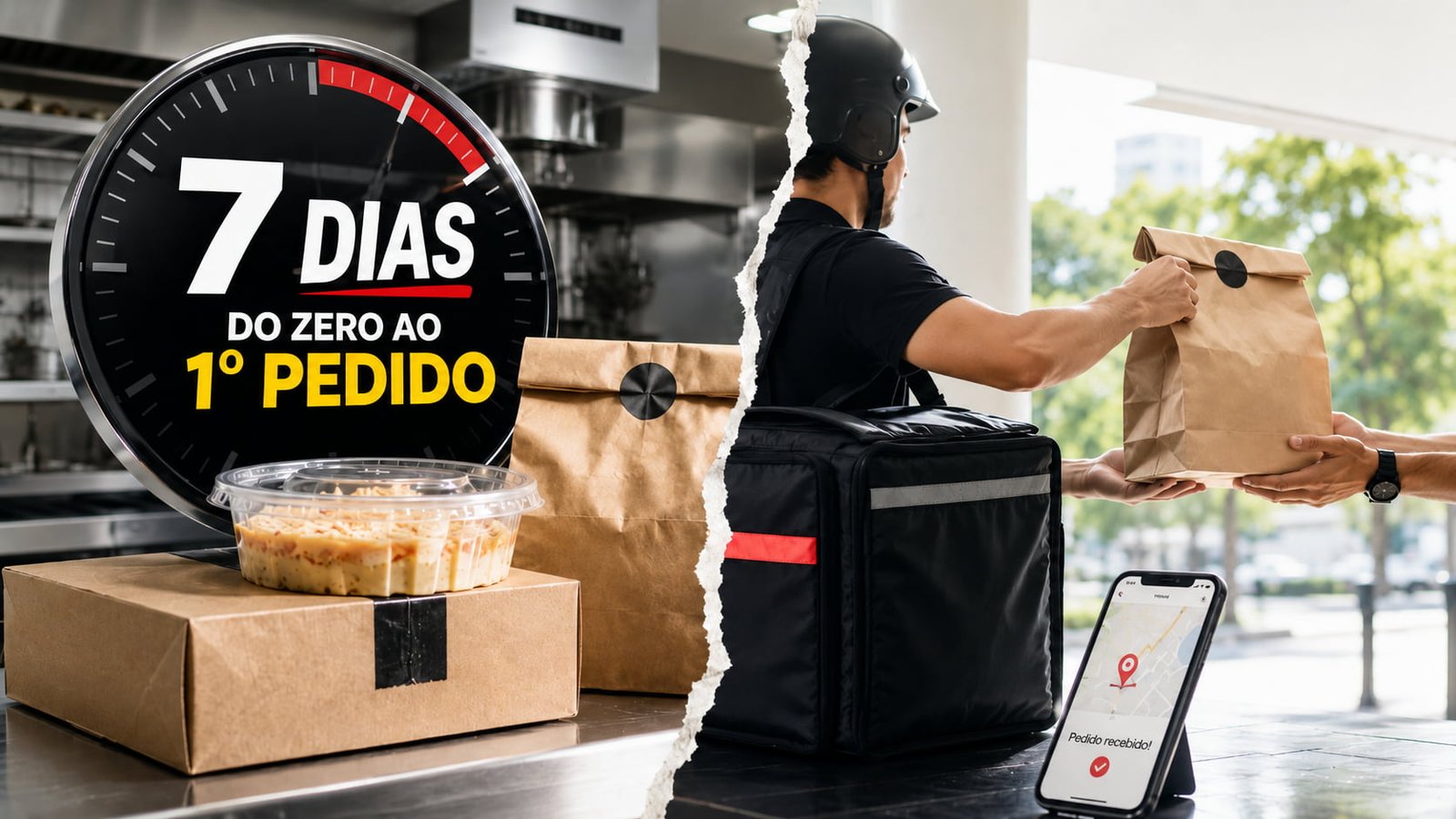Cena de delivery em 7 dias com cronômetro, embalagens, entregador, celular com mapa e pedido sendo entregue