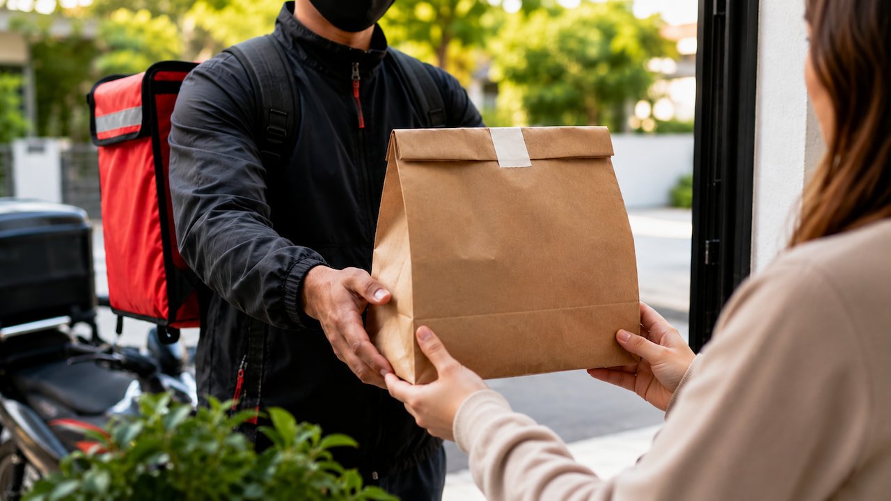Entregador entrega pacote de comida em casa, representando delivery em casa e início da formalização com CNPJ.