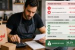 Dono de restaurante calculando lucro real no iFood com embalagens, notebook e calculadora sobre mesa de madeira.