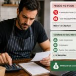 Dono de restaurante calculando lucro real no iFood com embalagens, notebook e calculadora sobre mesa de madeira.