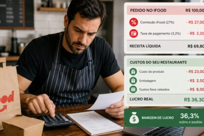 Dono de restaurante calculando lucro real no iFood com embalagens, notebook e calculadora sobre mesa de madeira.