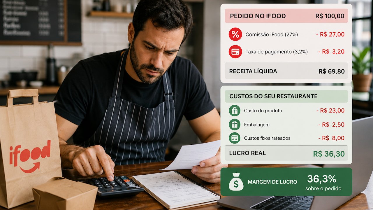 Dono de restaurante calculando lucro real no iFood com embalagens, notebook e calculadora sobre mesa de madeira.
