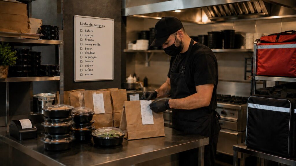 Profissional organiza pedidos em dark kitchen com embalagens no balcão, marmitas prontas e bolsas de delivery.