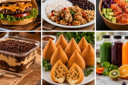 Seis opções de negócio de alimentação para 2026, com hambúrguer, marmita, poke, sobremesa, salgados e sucos.