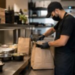 Operador embala pedido em dark kitchen moderna com balcão inox, marmitas prontas e bolsas de delivery ao fundo.
