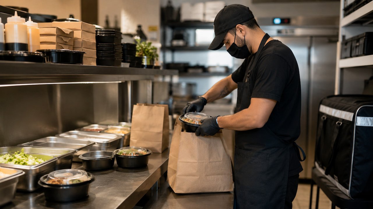 Operador embala pedido em dark kitchen moderna com balcão inox, marmitas prontas e bolsas de delivery ao fundo.