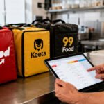 Gestor usa tablet na cozinha com bolsas de apps de delivery sobre bancada de inox iluminada pela manhã