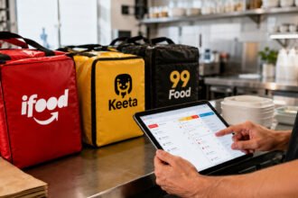 Gestor usa tablet na cozinha com bolsas de apps de delivery sobre bancada de inox iluminada pela manhã