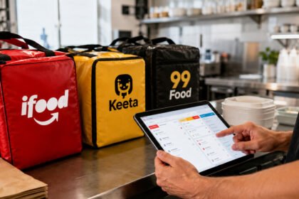 Gestor usa tablet na cozinha com bolsas de apps de delivery sobre bancada de inox iluminada pela manhã