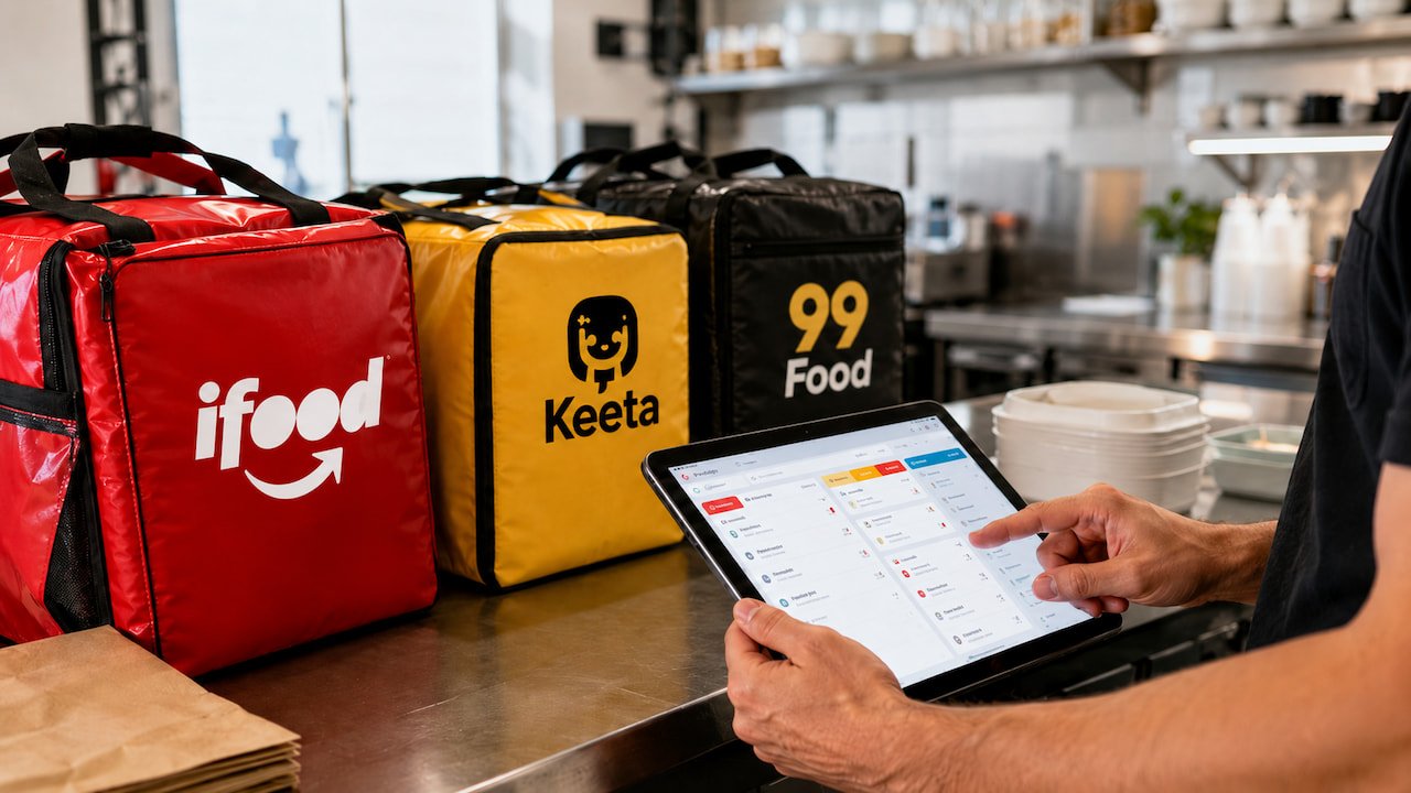 Gestor usa tablet na cozinha com bolsas de apps de delivery sobre bancada de inox iluminada pela manhã