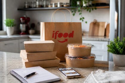 Sacola do iFood e embalagens de delivery sobre bancada de cozinha, com celular e caderno para vender no iFood.