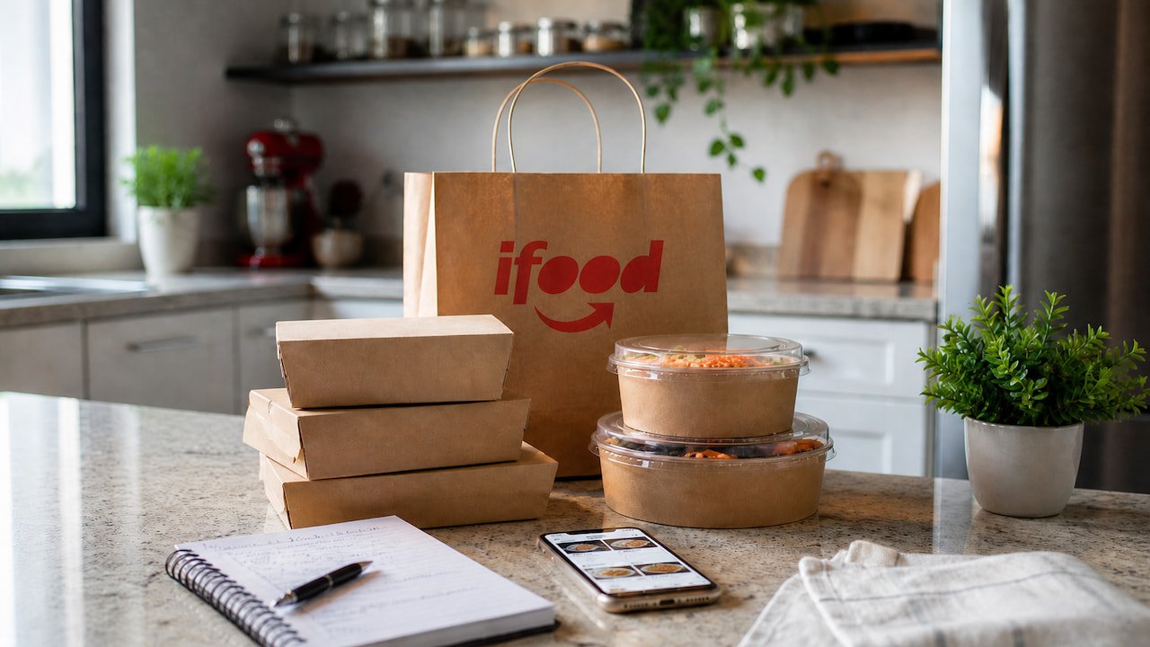 Sacola do iFood e embalagens de delivery sobre bancada de cozinha, com celular e caderno para vender no iFood.