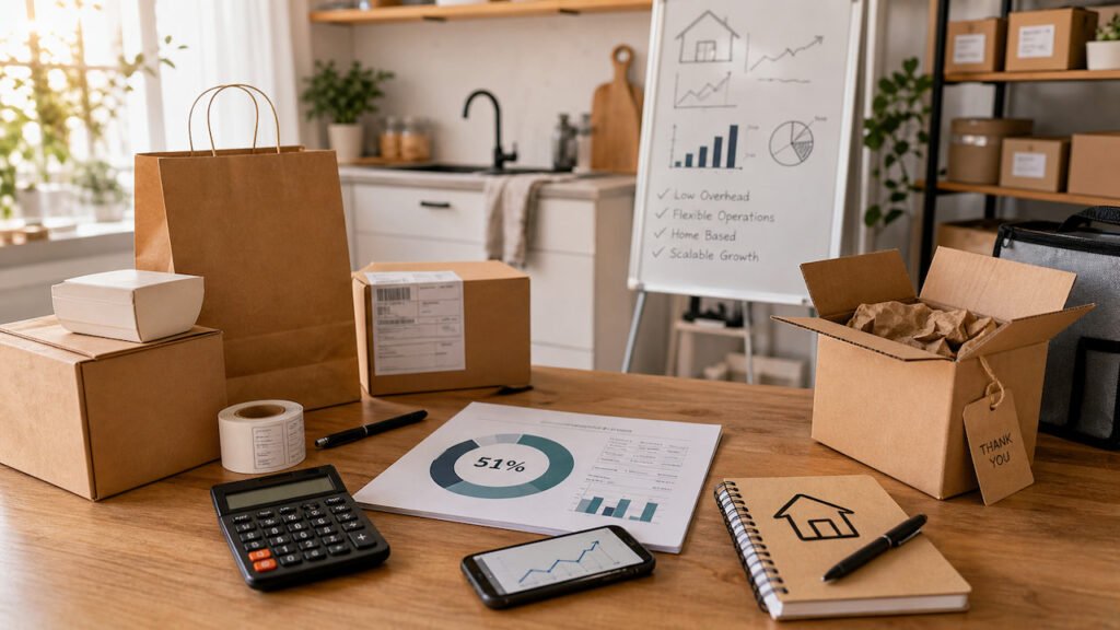 Mesa com caixas, gráficos e calculadora mostrando planejamento do mercado de franquias para 2026 em casa.