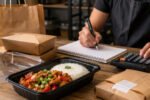 Empreendedor calcula precificação de comida para delivery ao lado de marmita, embalagens e caderno de custos.
