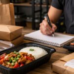Empreendedor calcula precificação de comida para delivery ao lado de marmita, embalagens e caderno de custos.